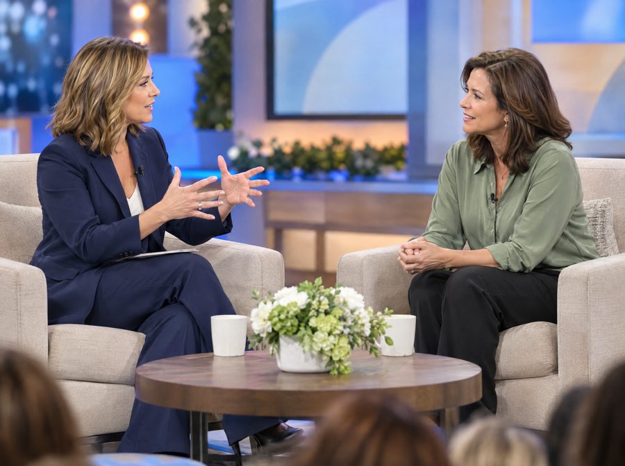 Two women in an animated conversation on a daytime talk show set